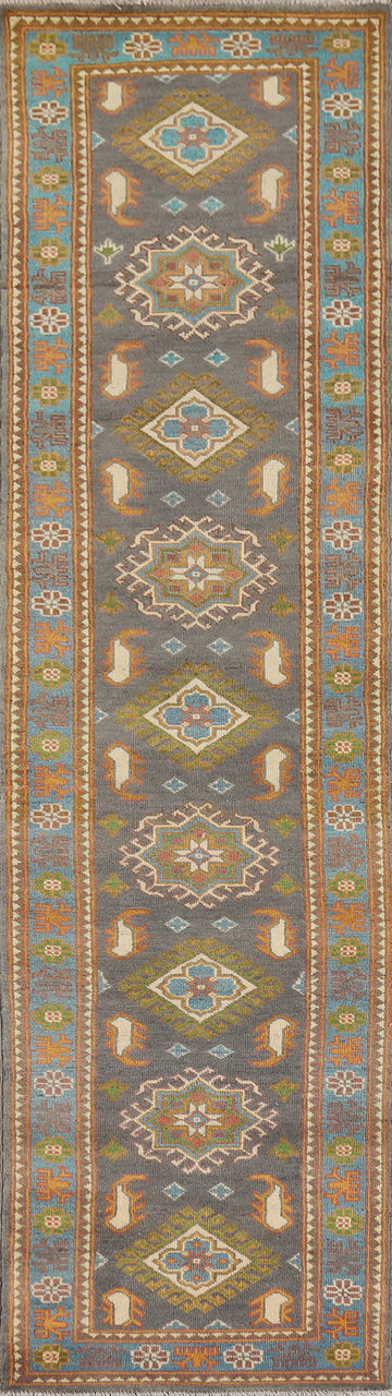 Gray Geometric Kazak Oriental Runner Rug 2x10