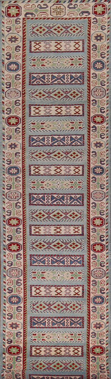 Geometric Blue Kazak Oriental Runner Rug 3x16