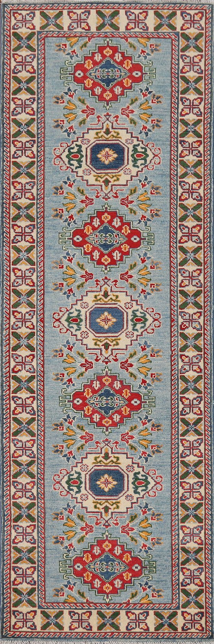 Light Blue Kazak Oriental Runner Rug 3x10