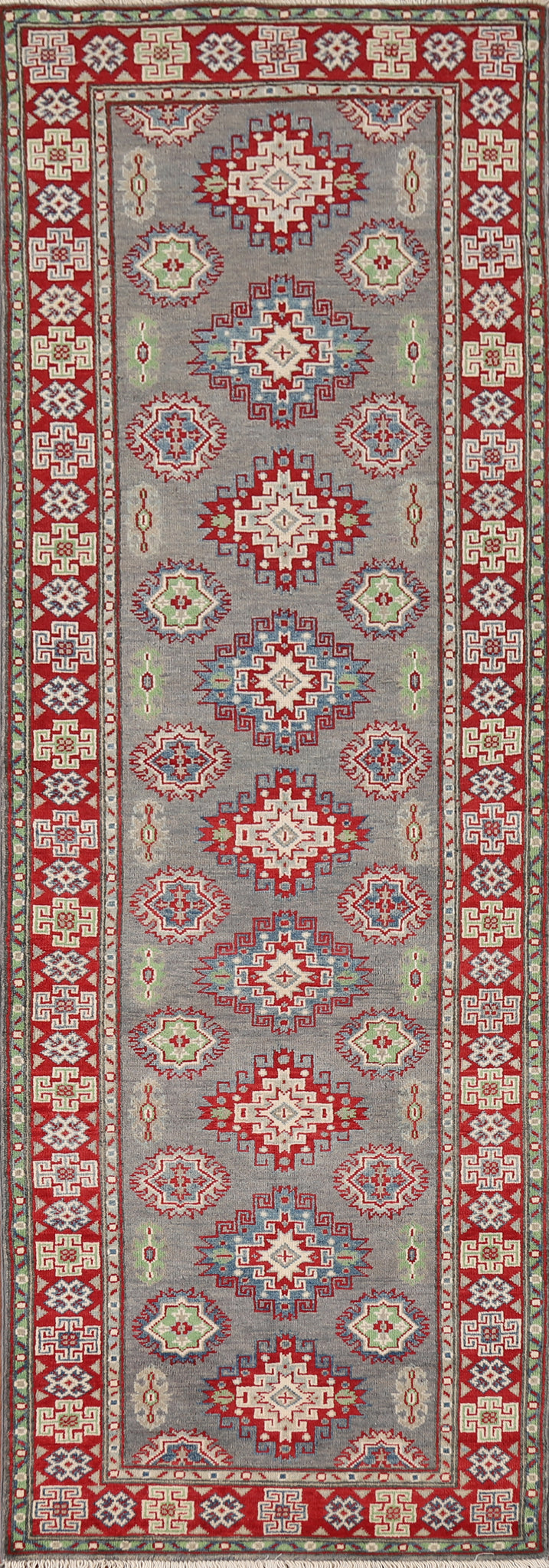 Gray Geometric Kazak Oriental Runner Rug 3x10
