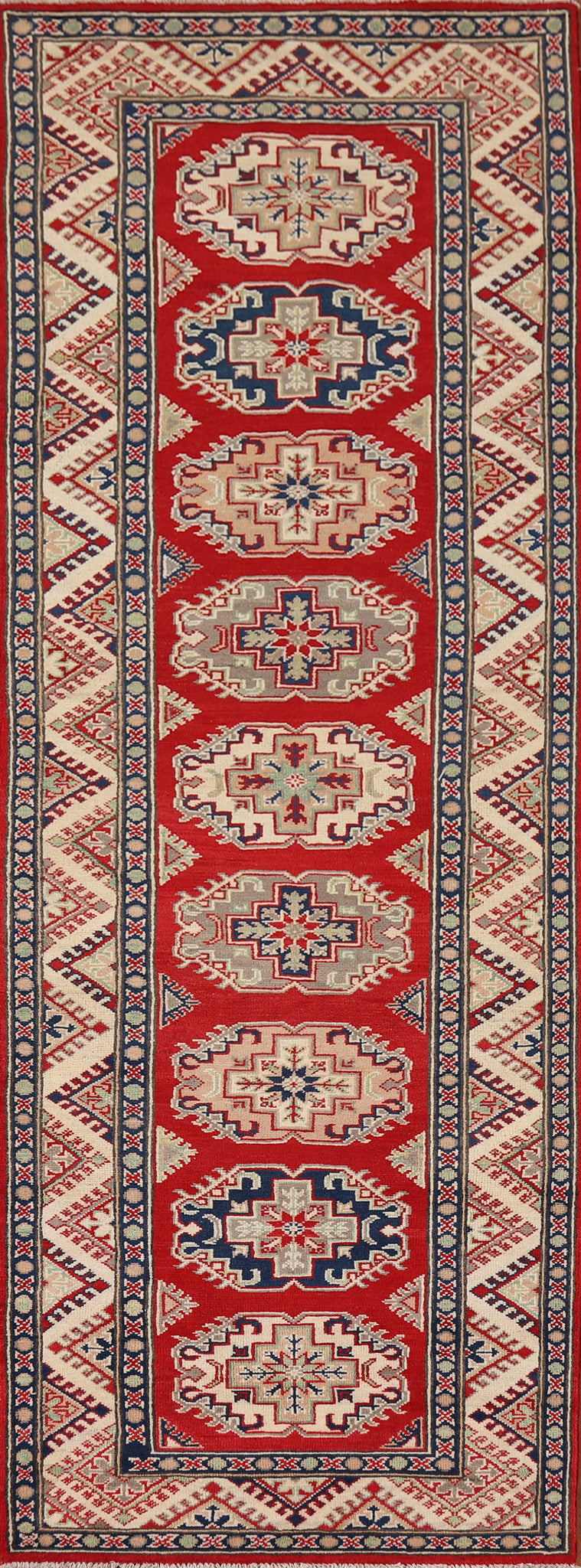 Red Geometric Kazak Oriental Runner Rug 3x9