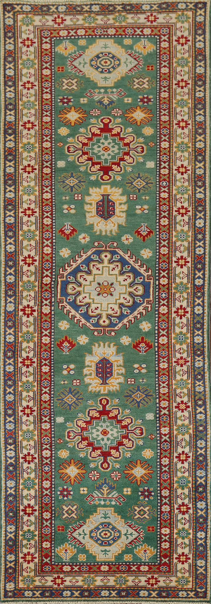 Green Geometric Kazak Oriental Runner Rug 3x10