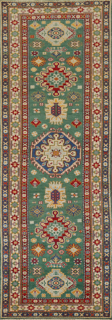 Green Geometric Kazak Oriental Runner Rug 3x10