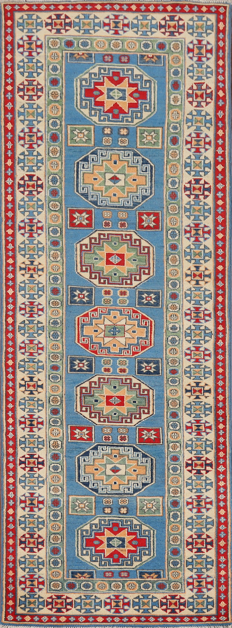 Blue Handmade Kazak Wool Runner Rug 3x10