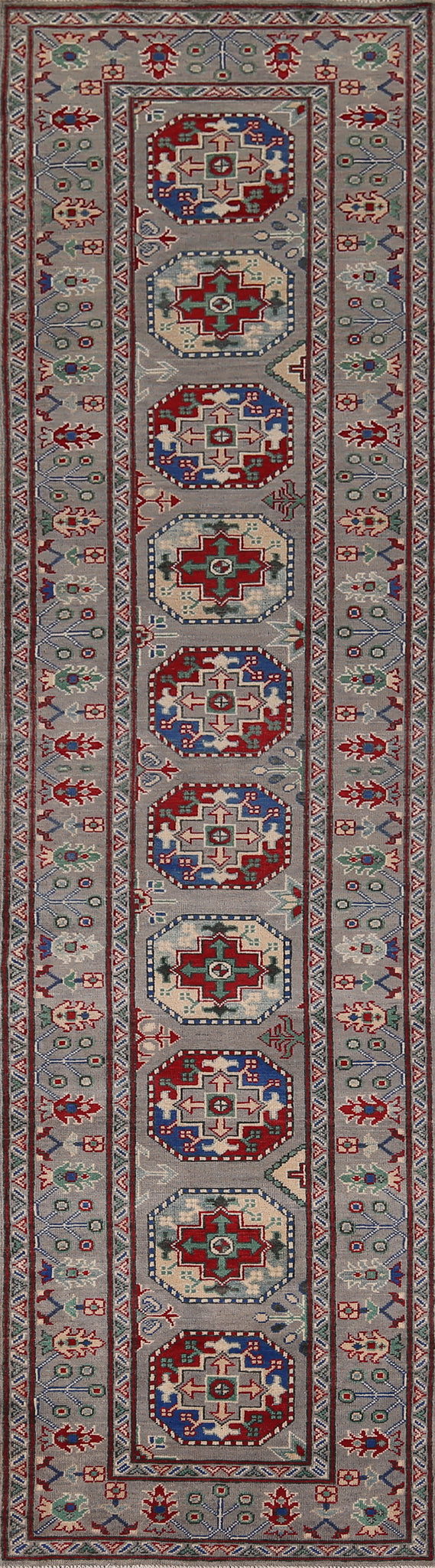 Gray Geometric Kazak Runner Rug 3x13