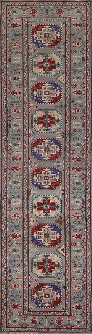 Gray Geometric Kazak Runner Rug 3x13