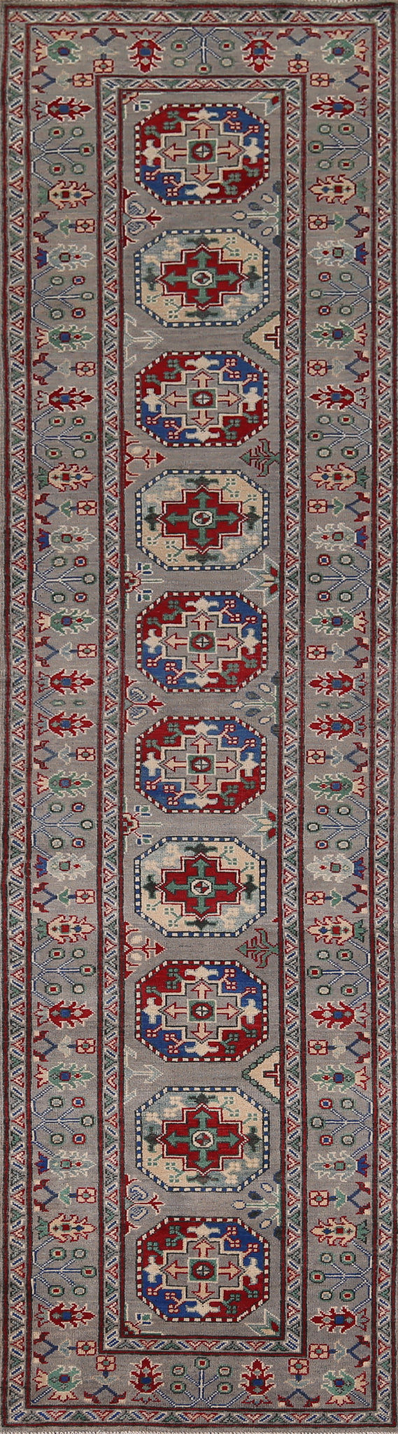Gray Geometric Kazak Runner Rug 3x13