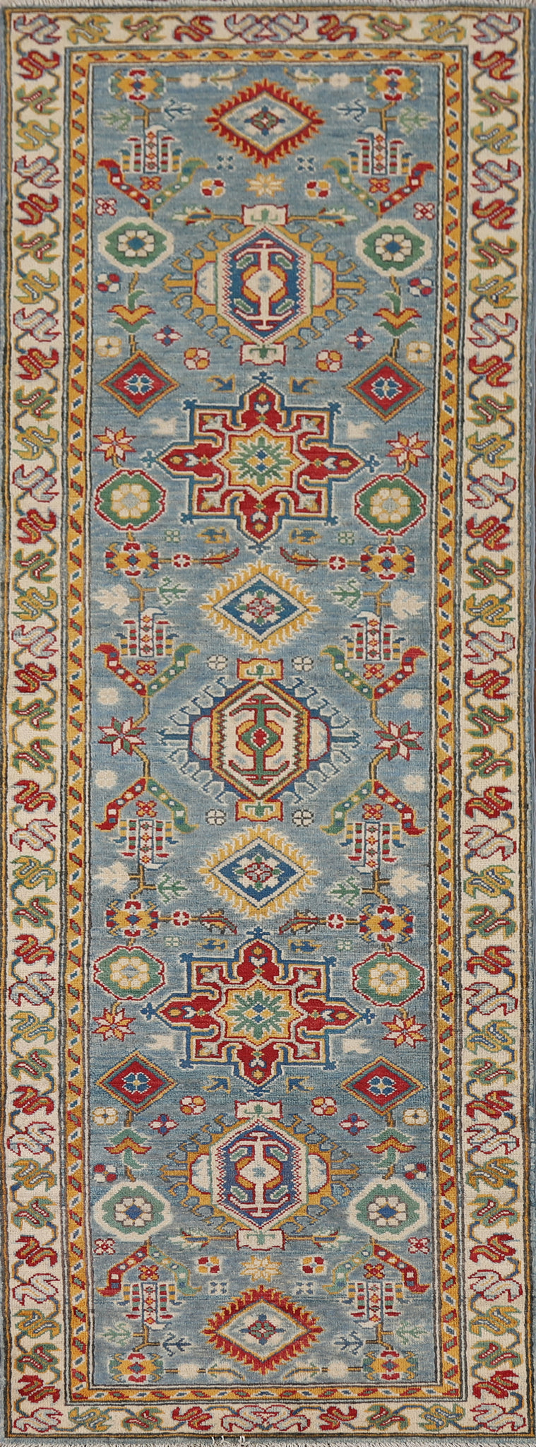 Light Blue Geometric Kazak Oriental Runner Rug 3x10