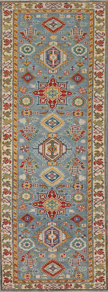 Light Blue Geometric Kazak Oriental Runner Rug 3x10