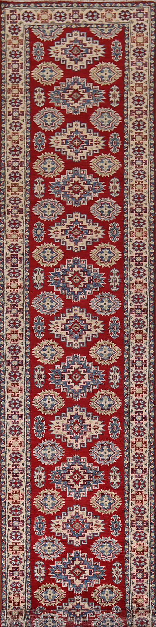 Red Handmade Wool Kazak Runner Rug 3x16