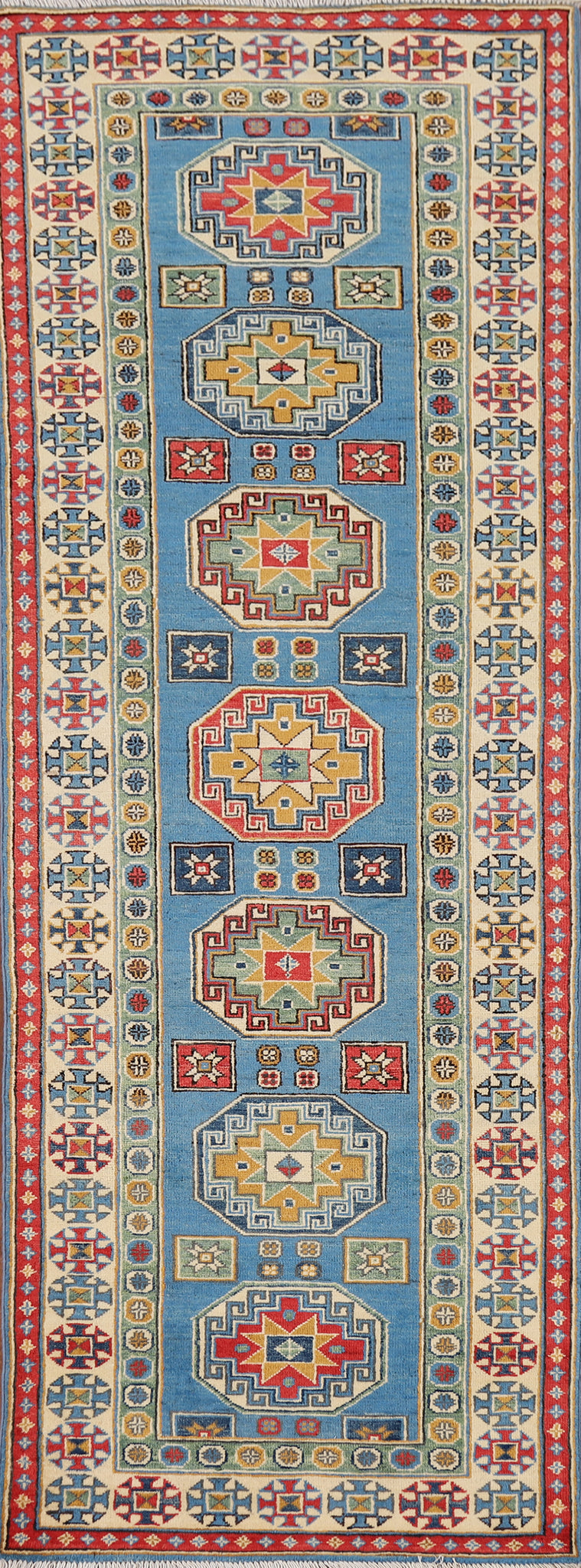 Handmade Blue Kazak Wool Runner Rug 3x9