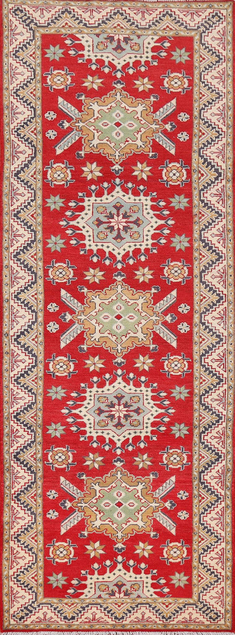 Red Geometric Kazak Oriental Runner Rug 3x10