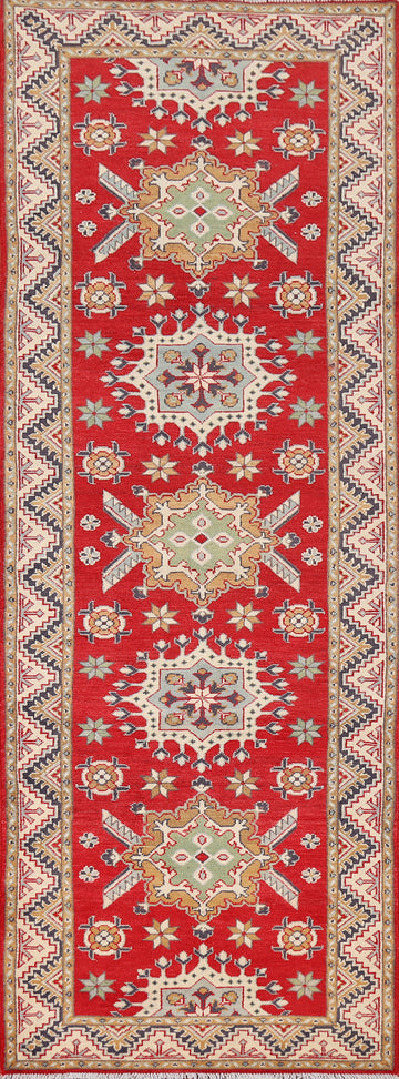 Red Geometric Kazak Oriental Runner Rug 3x10