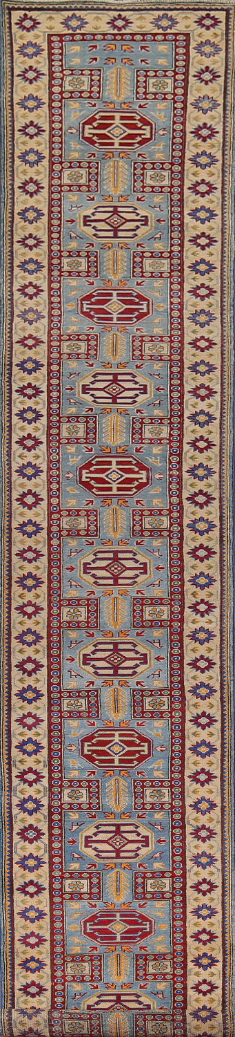 Light Blue Kazak Handmade Runner Rug 3x21