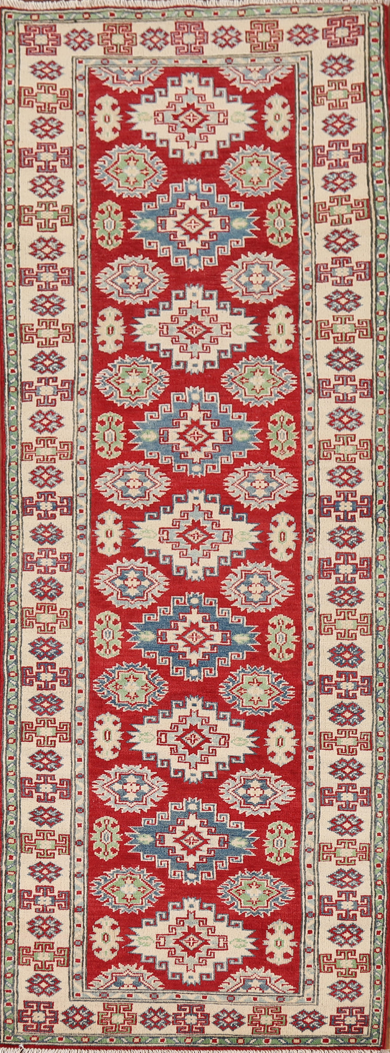 Red Geometric Kazak Oriental Runner Rug 3x10