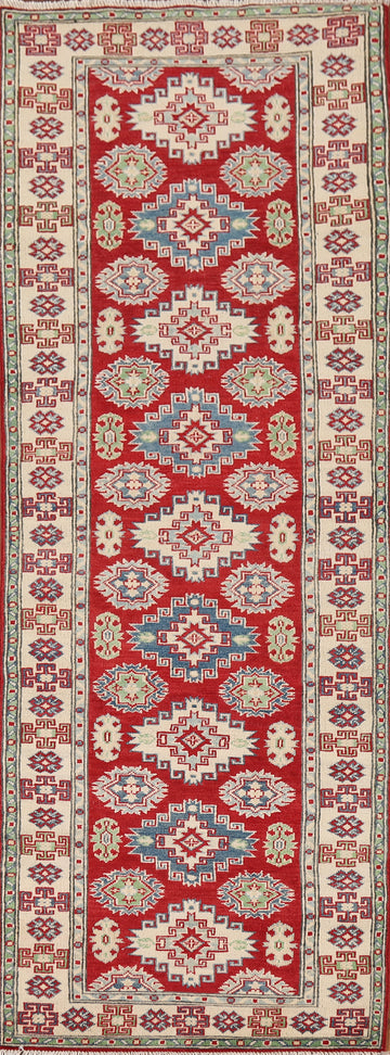 Red Geometric Kazak Oriental Runner Rug 3x10