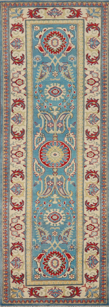 Blue Geometric Kazak Oriental Runner Rug 3x10