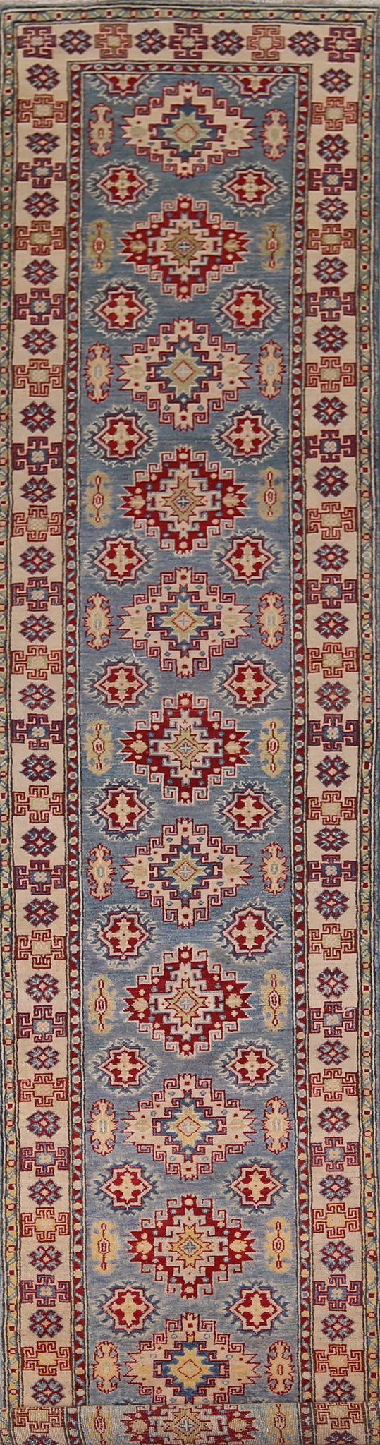 Blue Geometric Kazak Wool Runner Rug 3x16