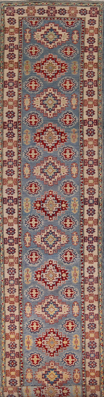 Blue Geometric Kazak Wool Runner Rug 3x16