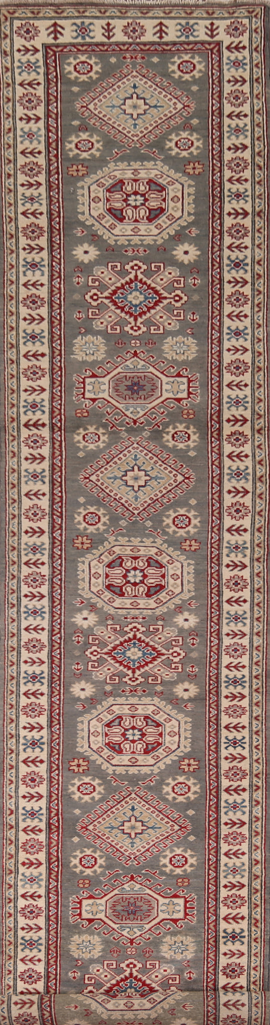 Gray Geometric Kazak Oriental Runner Rug 3x16