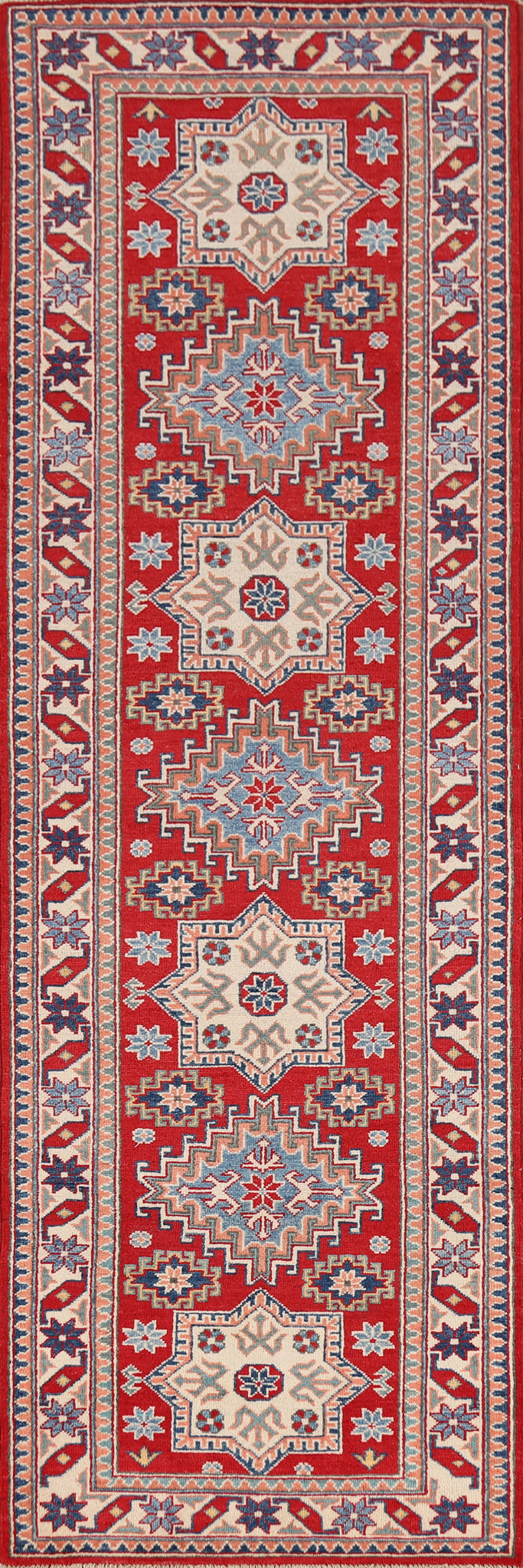 Red Geometric Kazak Oriental Runner Rug 3x10