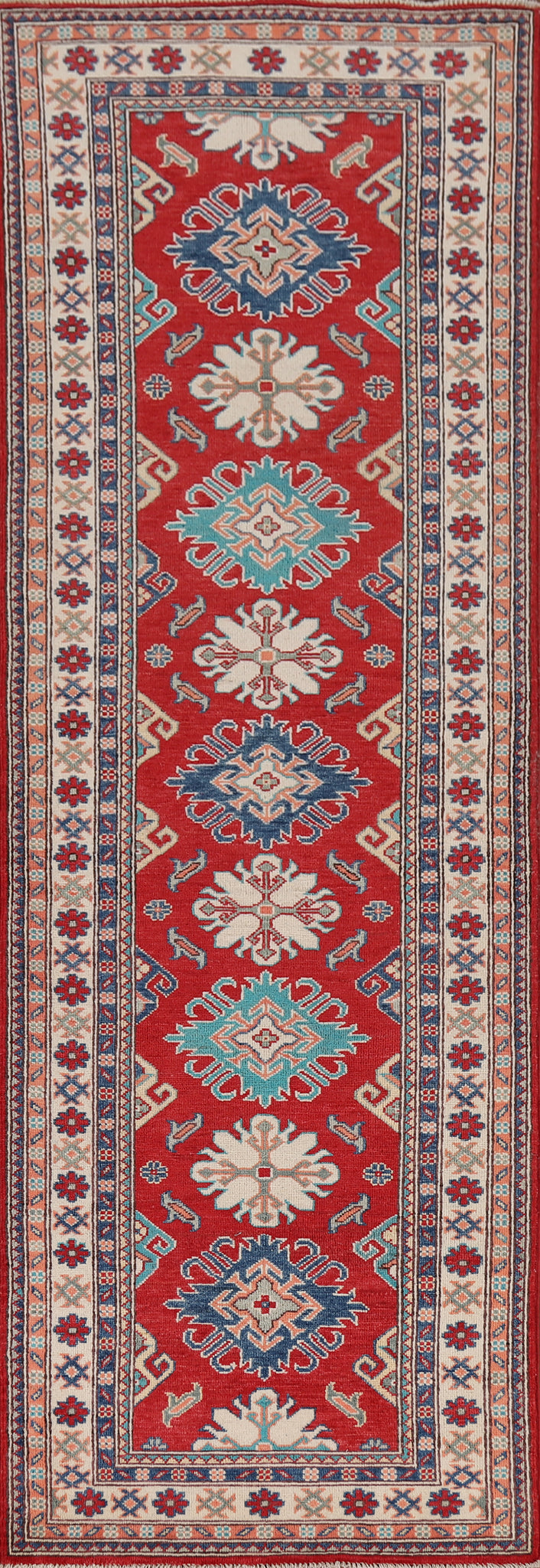 Red Handmade Kazak Oriental Runner Rug 3x10