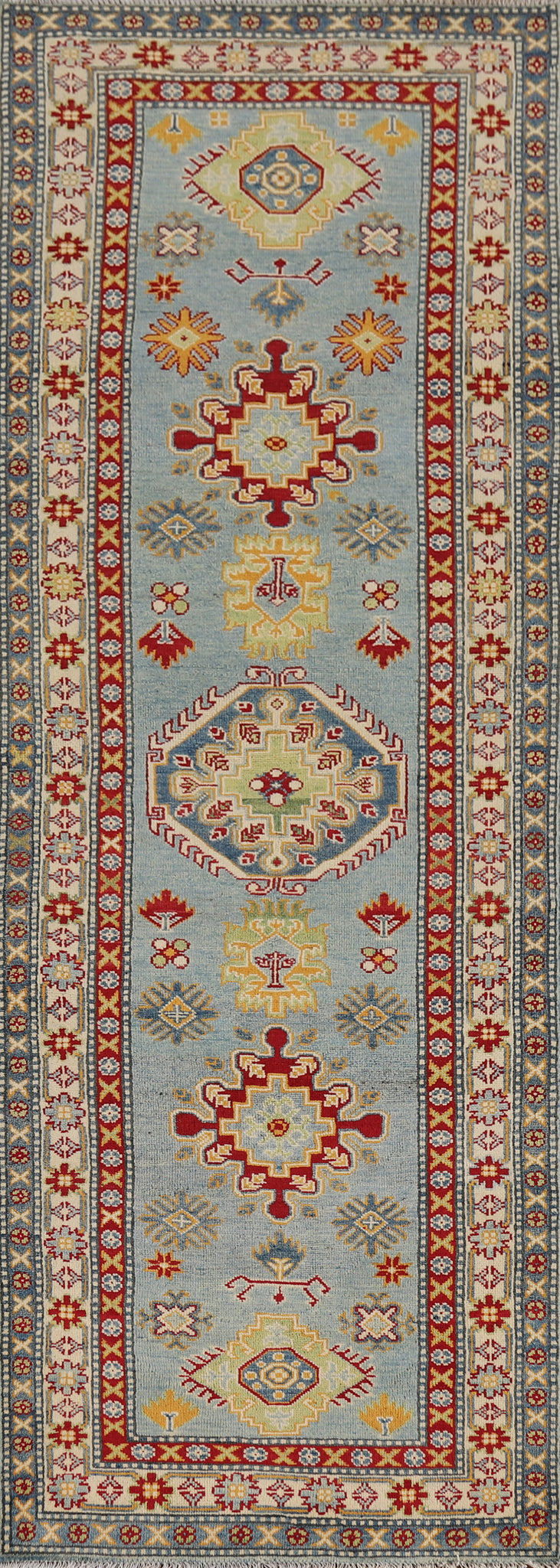 Light Blue Handmade Kazak Wool Runner Rug 3x10