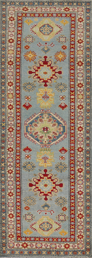 Light Blue Handmade Kazak Wool Runner Rug 3x10