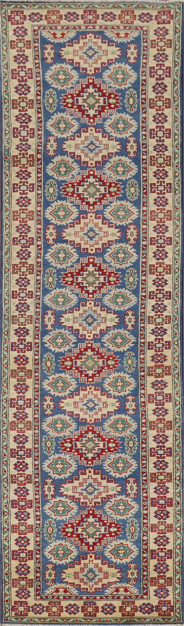 Blue Geometric Kazak Oriental Runner Rug 3x13