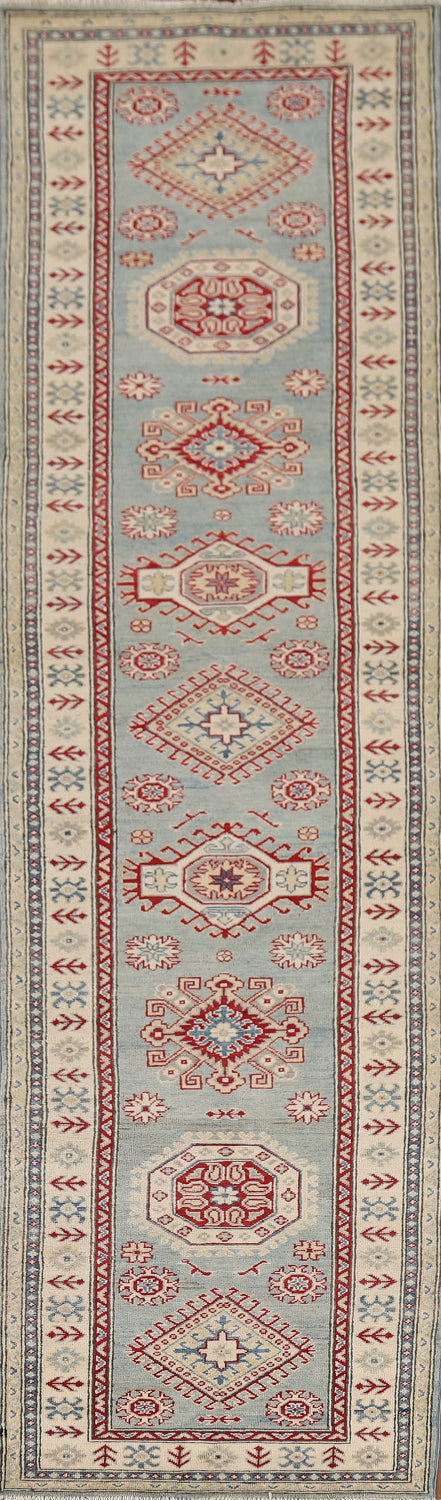 Light Blue Kazak Oriental Runner Rug 3x13