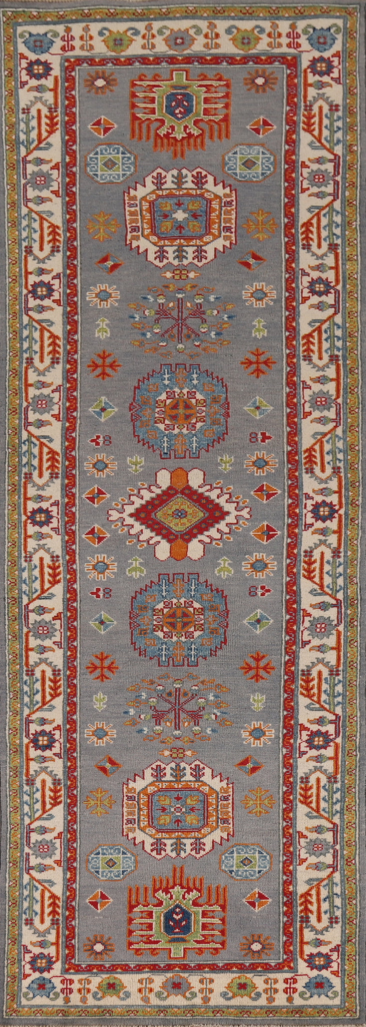 Gray Geometric Kazak Oriental Runner Rug 3x10