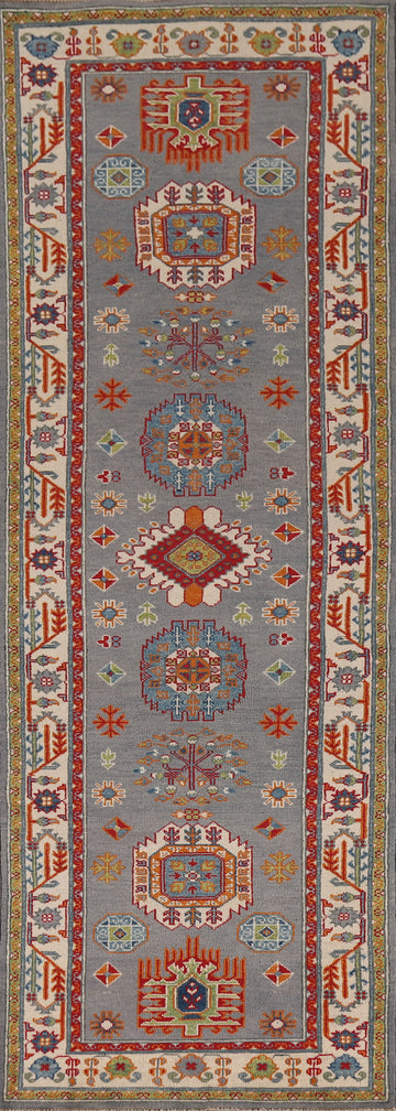 Gray Geometric Kazak Oriental Runner Rug 3x10