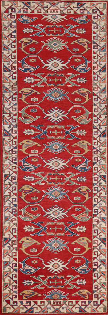 Red Geometric Kazak Oriental Runner Rug 3x10