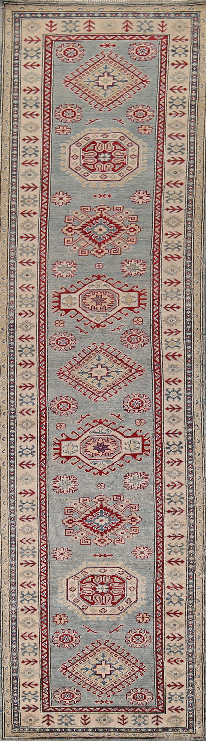 Blue Geometric Kazak Oriental Runner Rug 2x13