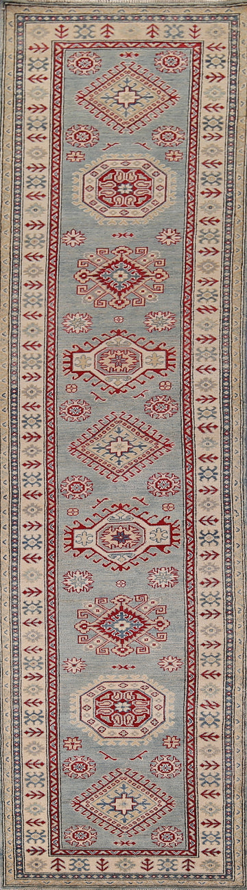 Blue Geometric Kazak Oriental Runner Rug 2x13