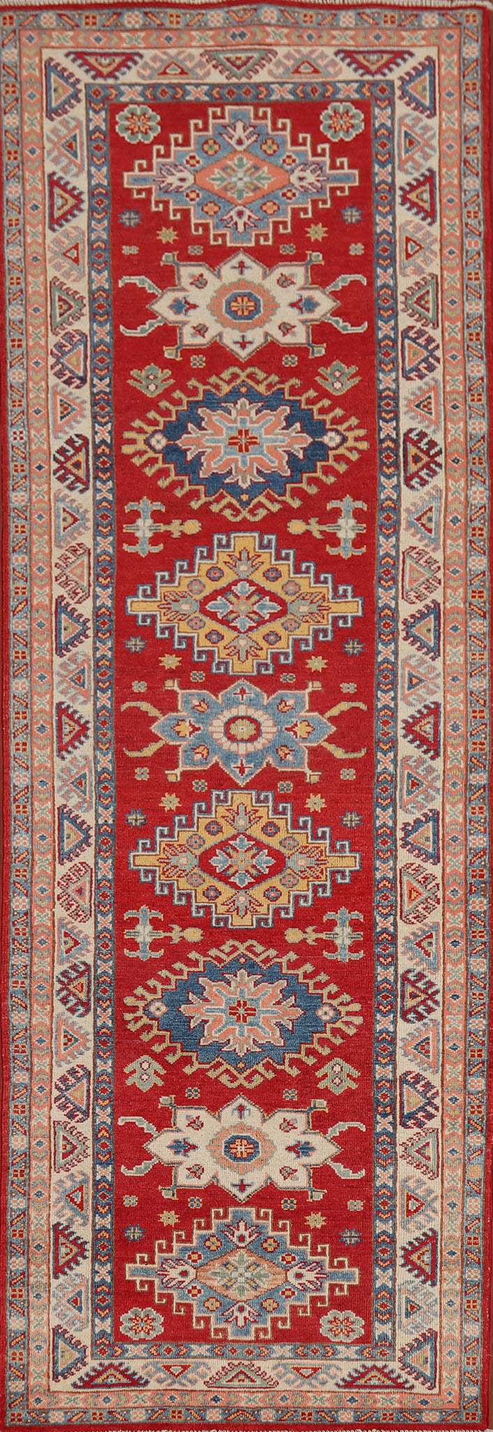 Geometric Red Kazak Oriental Runner Rug 3x9