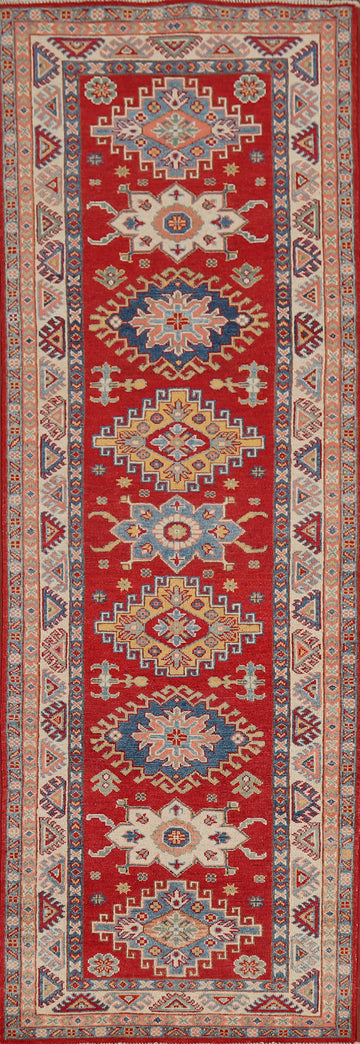 Geometric Red Kazak Oriental Runner Rug 3x9