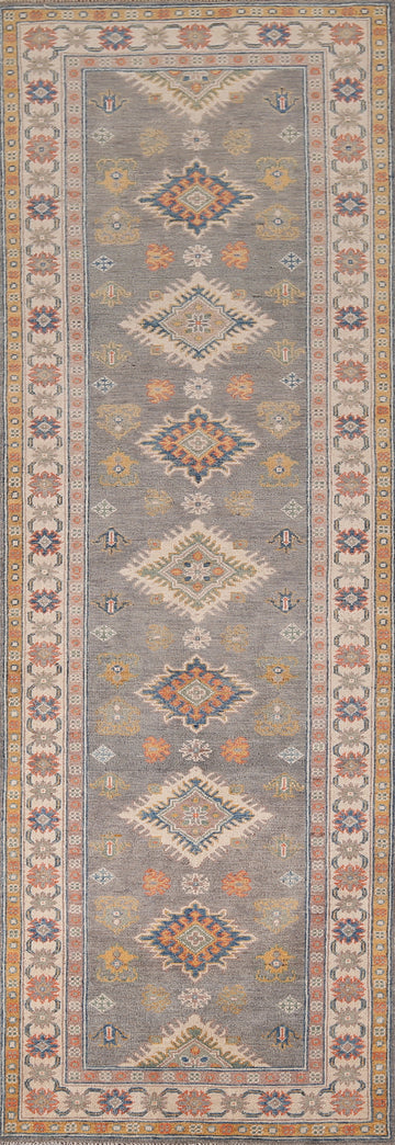 Gray Geometric Kazak Oriental Runner Rug 3x10
