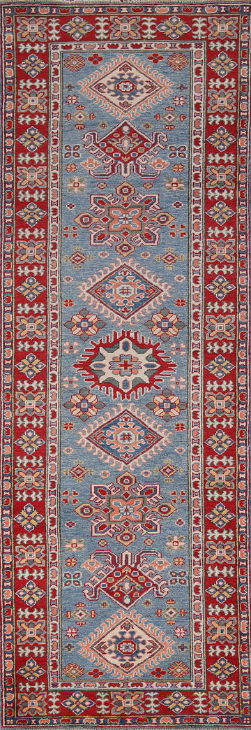 Blue Geometric Kazak Oriental Runner Rug 3x10