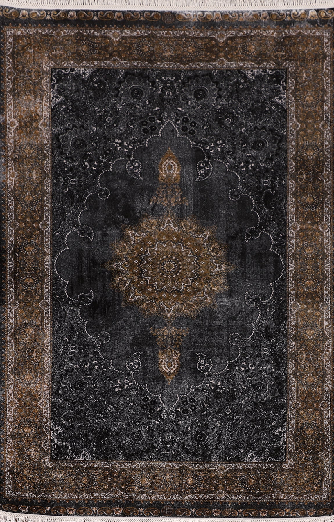 Gray & Black Traditional Floral Qum Turkish Rugs