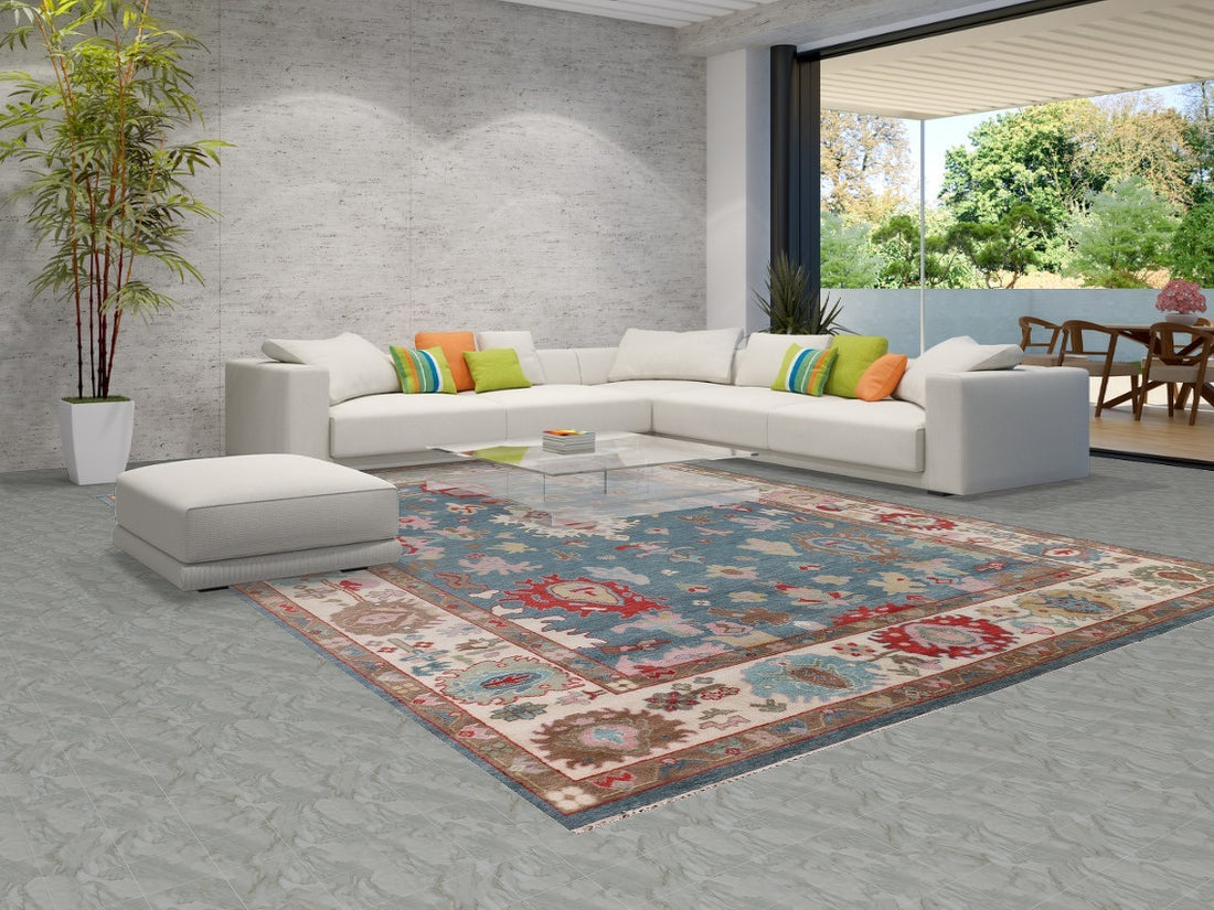 Light Blue Floral Oushak Handmade Large Rug 10x14