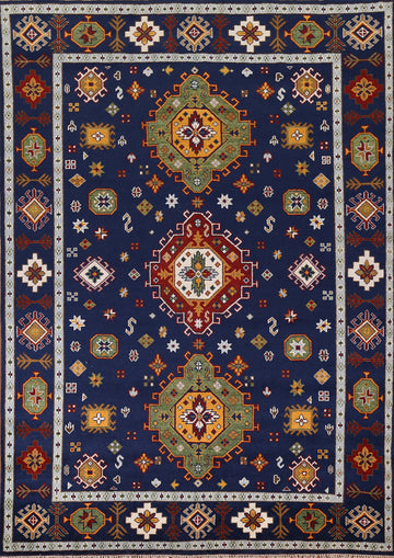 Navy Blue Geometric Kazak Oriental Area Rug 9x12