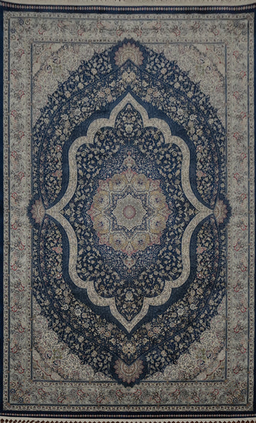 Graceful Blue Qum Turkish Area Rug 7x10 with Ornate Detailing