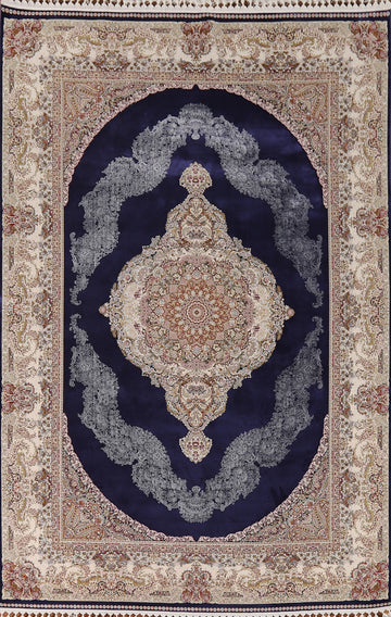 Blue Silk Turkish Qum Traditional Area Rug 7x10