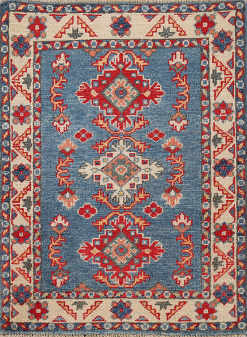 Blue Geometric Kazak Oriental Rug 2x3