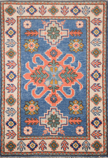 Blue Geometric Kazak Oriental Accent Rug 2x3
