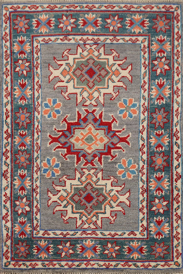 Gray Geometric Wool Kazak Accent Rug 2x3
