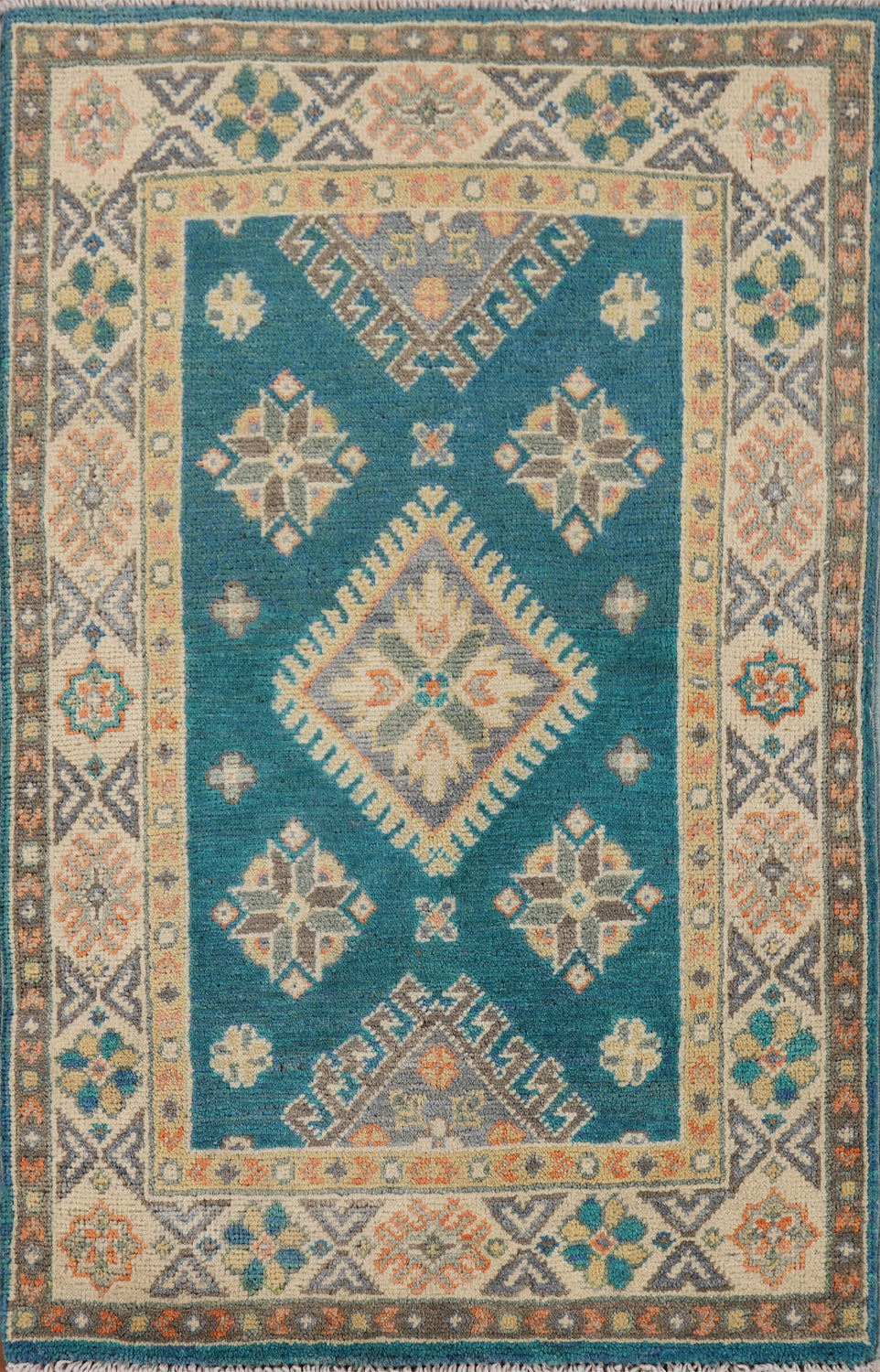 Teal Blue Geometric Kazak Oriental Foyer Rug 2x3