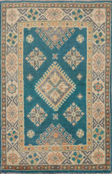 Teal Blue Geometric Kazak Oriental Foyer Rug 2x3