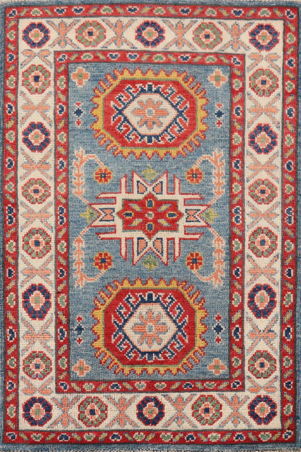 Light Blue Geometric Kazak Accent Rug 2x3